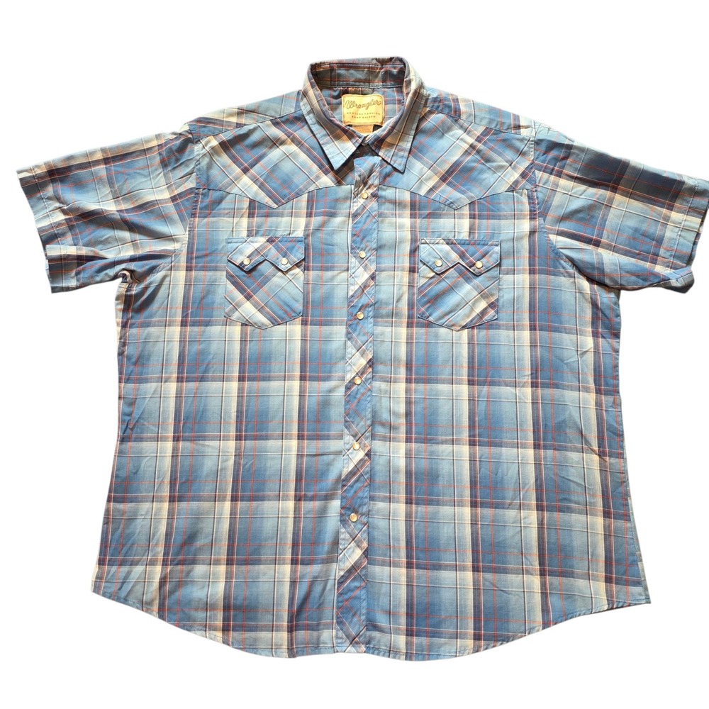 Wrangler Western Fashion Snap Shirt Plaid Blue‎ Short Sleeve Cowboy Mens XXL